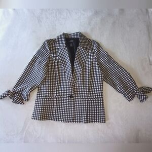 SOHO Apparel LTD white black checkered gingham blazer bow 3/4 sleeve soft size M